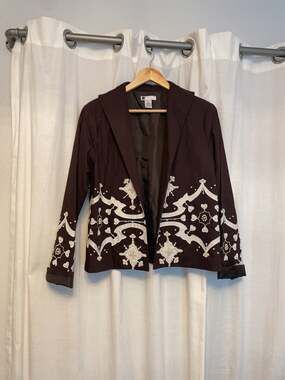 Vintage Carole Little Brown Beaded Embroidered Open Front Blazer Jacket